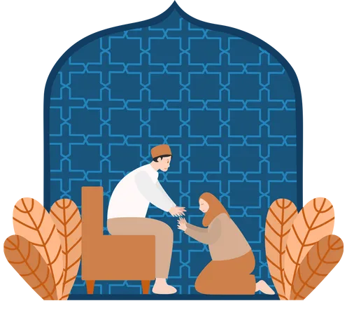 Frau entschuldigt sich bei ihrem Mann am Eid Al Fitr  Illustration