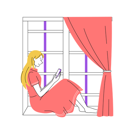 Frau entspannt sich mit Smartphone am Fenster  Illustration