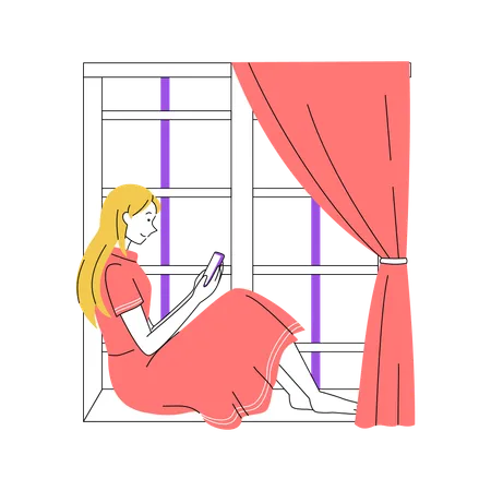 Frau entspannt sich mit Smartphone am Fenster  Illustration