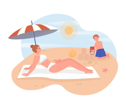 Frau entspannt am Strand und Junge spielt mit Eimer  Illustration