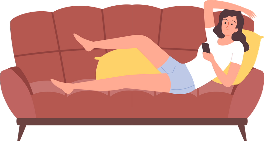 Frau entspannt sich auf dem Sofa und benutzt Handy  Illustration