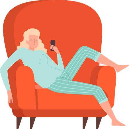 Frau entspannt sich auf dem Sofa und benutzt ihr Handy  Illustration