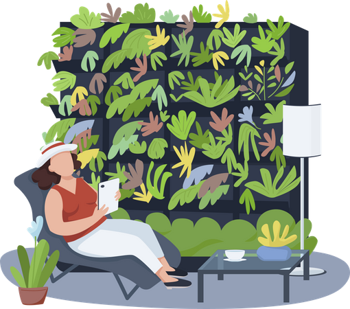 Frau entspannt zwischen Zimmerpflanzen  Illustration