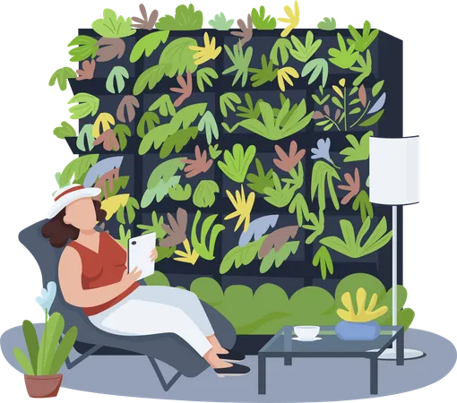 Frau entspannt zwischen Zimmerpflanzen  Illustration