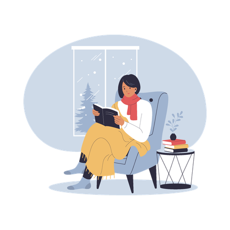 Frau entspannt sich beim Lesen eines Buches im Winter  Illustration