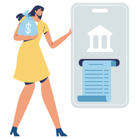 Frau erhält Bankauszug auf Mobiltelefon  Illustration