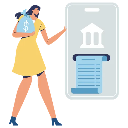 Frau erhält Bankauszug auf Mobiltelefon  Illustration