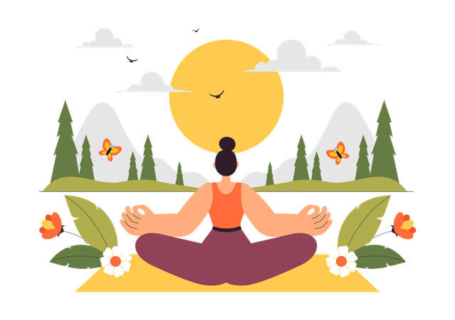 Frau erklärt die Bedeutung eines Yoga- und Meditationsretreats  Illustration