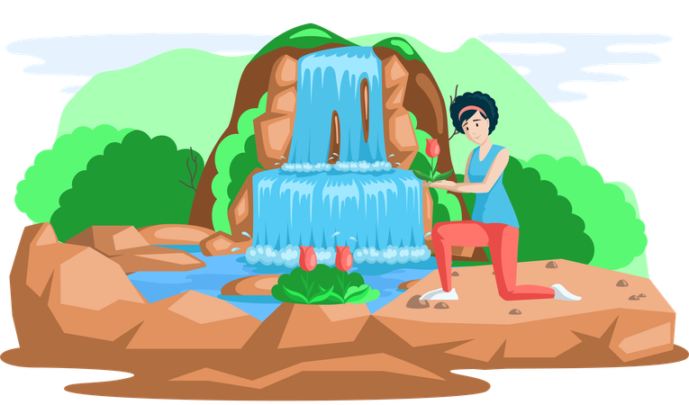 Frau erkundet Pflanzen in der Nähe eines Wasserfalls  Illustration