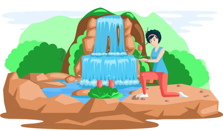 Frau erkundet Pflanzen in der Nähe eines Wasserfalls  Illustration