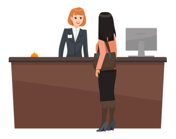 Frau erkundigt sich an der Hotelrezeption  Illustration