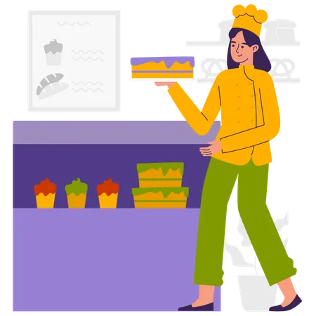 Frau eröffnet ihren neuen Kuchen- und Bäckereiladen  Illustration