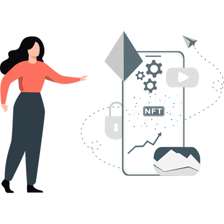 Frau erstellt NFT-Diagramm auf Mobilgerät  Illustration