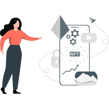 Frau erstellt NFT-Diagramm auf Mobilgerät  Illustration