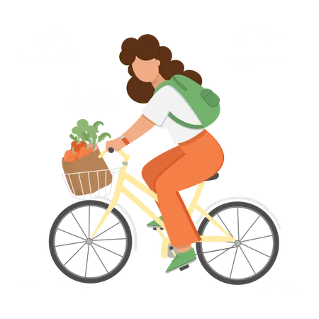 Frau fährt Fahrrad mit Gemüse  Illustration