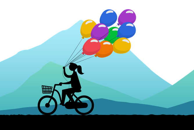 Frau fährt Fahrrad und trägt einen Haufen Luftballons  Illustration