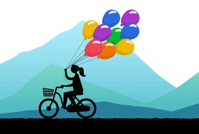 Frau fährt Fahrrad und trägt einen Haufen Luftballons  Illustration