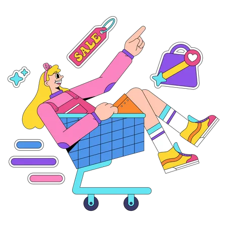 Frau fährt mit Einkaufswagen, nachdem Bestellung abgeschlossen ist  Illustration