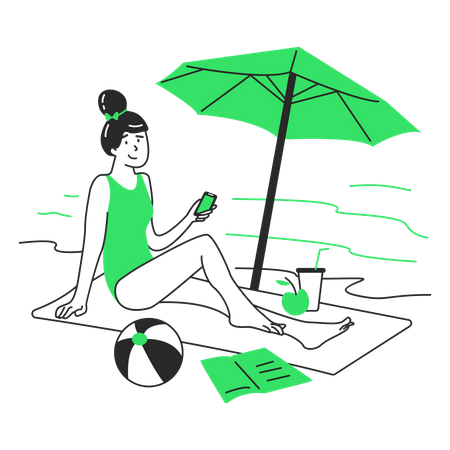Frau, die am Strand unter einem Sonnenschirm faulenzt  Illustration