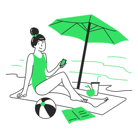 Frau, die am Strand unter einem Sonnenschirm faulenzt  Illustration