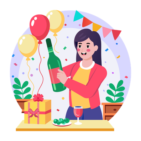 Frau feiert ihren Geburtstag mit Champagner  Illustration