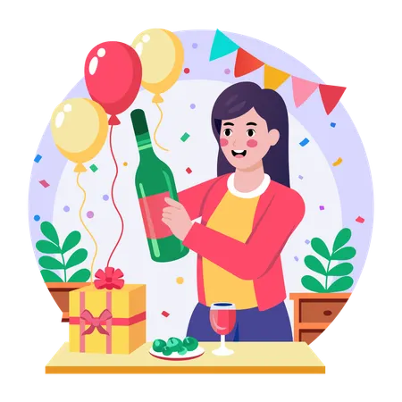 Frau feiert ihren Geburtstag mit Champagner  Illustration