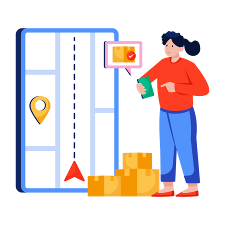 Frau findet Standort eines mobilen Pakets  Illustration