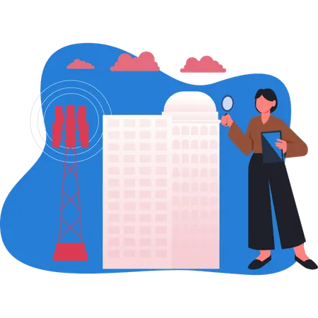Frau forscht an WLAN-Antenne  Illustration