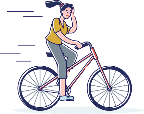 Frau Die Beim Fahrradfahren Mudigkeit Verspurt Mude Erschopfte Weibliche Radfahrerin Zeichentrickfigur Radfahrerin Die Sich Schlecht Und Ungesund Fuhlt Lineare Vektorillustration Illustration