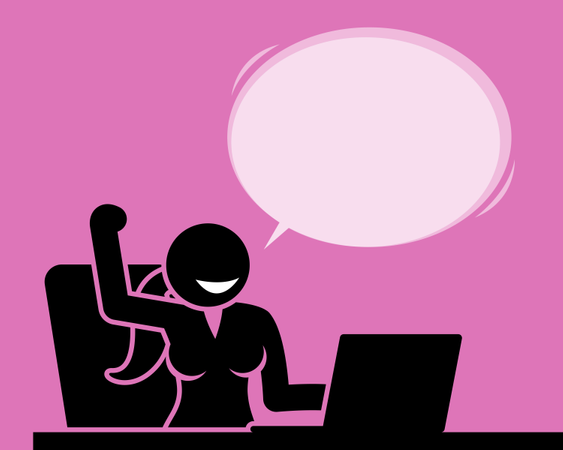 Frau fühlt sich optimistisch, positiv und ermutigend, wenn sie einen Computer benutzt  Illustration