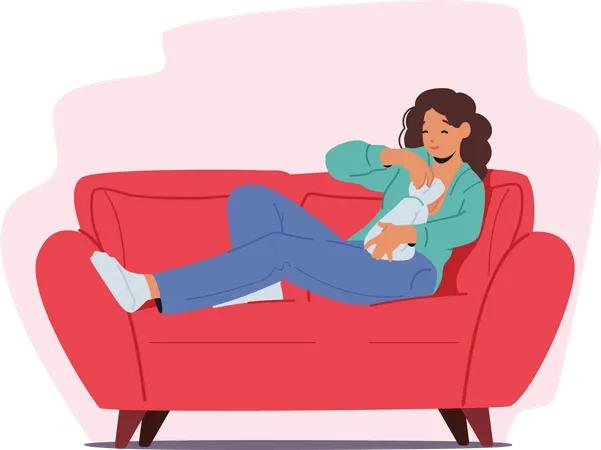 Frau füttert Baby mit Brust, sitzt mit Neugeborenem auf der Couch  Illustration