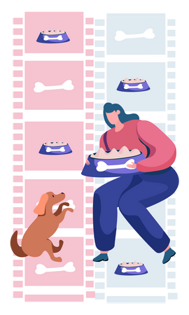 Frau füttert Hund mit Hundefutter  Illustration