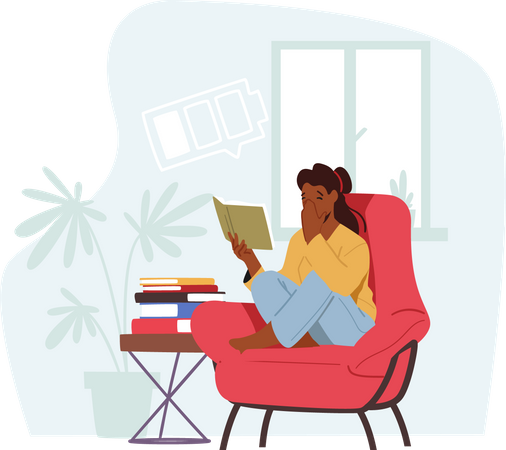 Frau gähnt beim Lesen eines Buches  Illustration