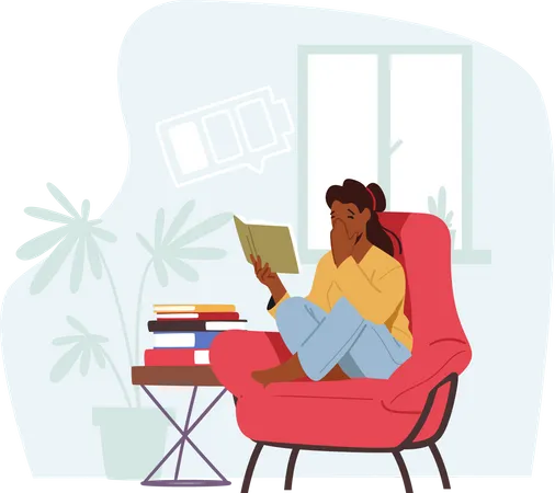 Frau gähnt beim Lesen eines Buches  Illustration