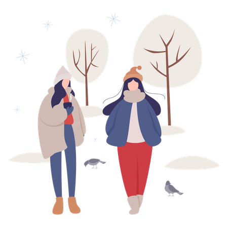 Frau geht im Winter draußen spazieren  Illustration