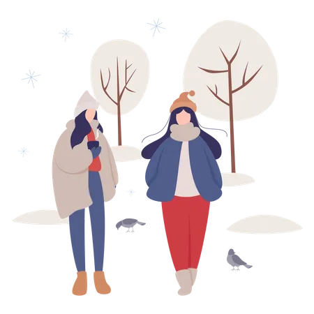 Frau geht im Winter draußen spazieren  Illustration