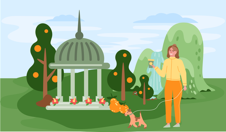 Frau geht mit Hund im Park spazieren  Illustration