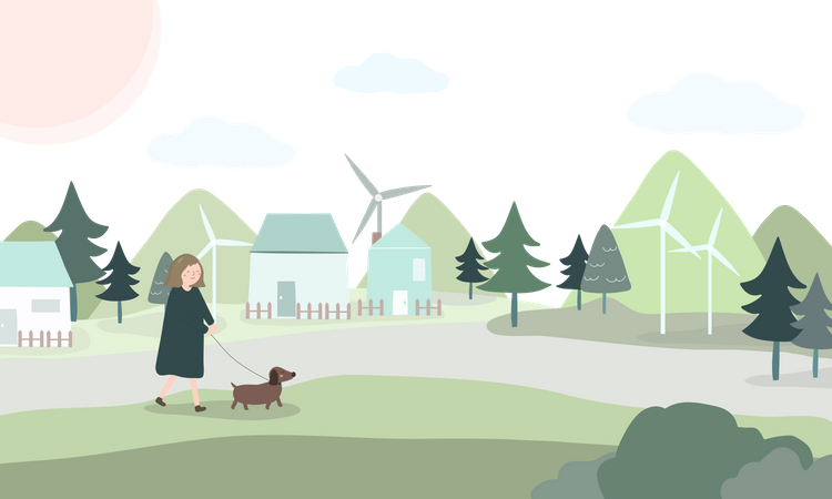 Frau geht mit Hund spazieren  Illustration