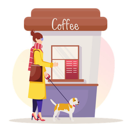 Frau geht mit Hund spazieren, trinkt Kaffee aus Pappbecher und wirft ihn in den Mülleimer  Illustration