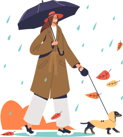 Frau geht mit Hund im Regen spazieren  Illustration