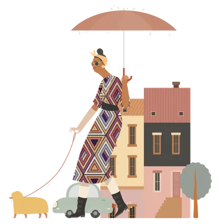 Frau geht mit Hund spazieren  Illustration