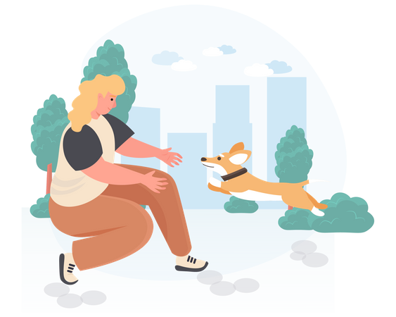 Frau geht mit ihrem Hund im Garten spazieren  Illustration