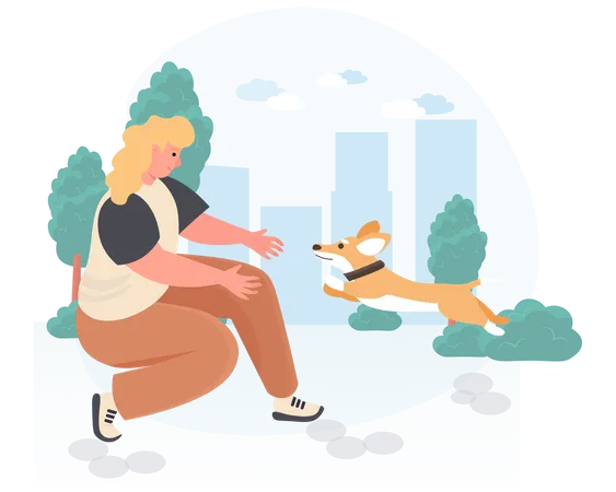 Frau geht mit ihrem Hund im Garten spazieren  Illustration