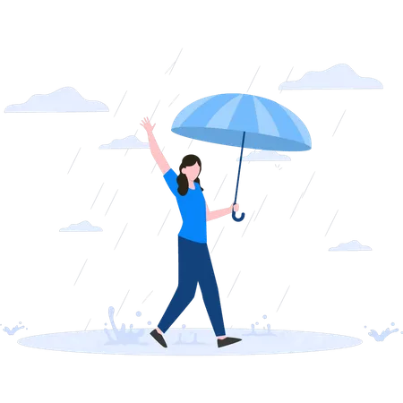 Frau die mit regenschirm in den regen geht  Illustration