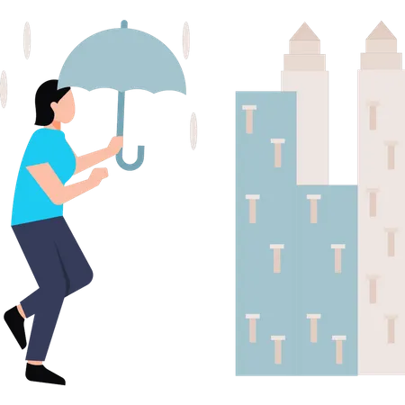 Frau geht mit Regenschirm im Regen spazieren  Illustration