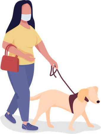 Frau geht während einer Pandemie mit Hund spazieren  Illustration