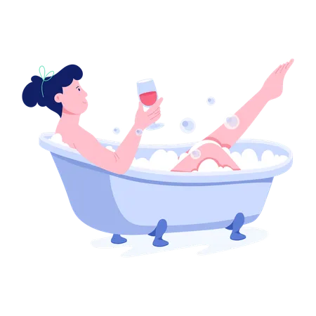 Frau genießt Baden mit einem Glas Wein  Illustration