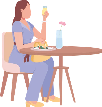 Frau genießt prickelndes Saftgetränk und Salat  Illustration