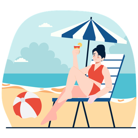 Frau genießt Sonnenbad am Strand  Illustration
