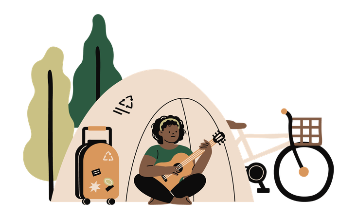 Frau genießt Camping im Wald  Illustration